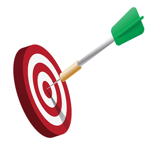 A red and white bullseye with a green arrow in the center