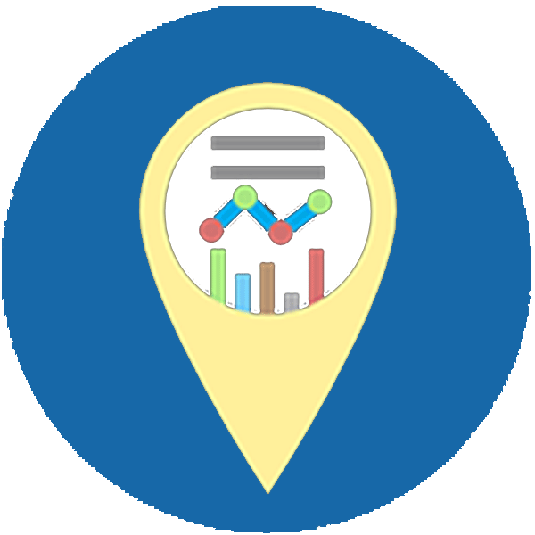 Round blue icon with a yellow pin point with a chart