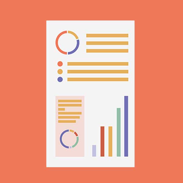 Orange icon with round charts and bar graphs