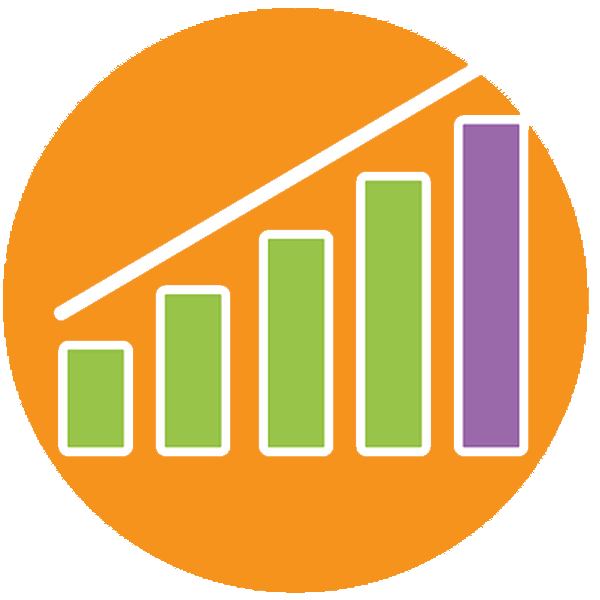 Orange round icon with a line chart