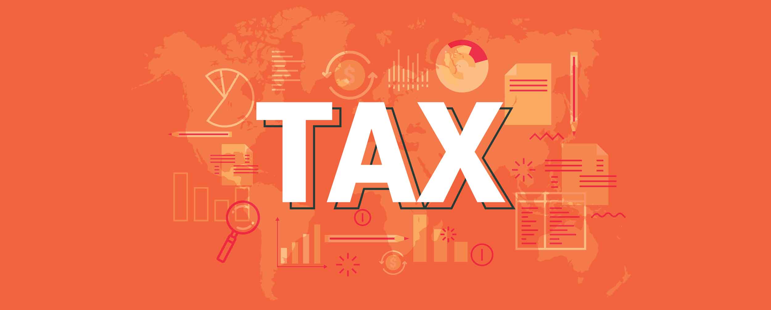 Mobile image Orange graphic with the word Tax in white with financial icons in the background