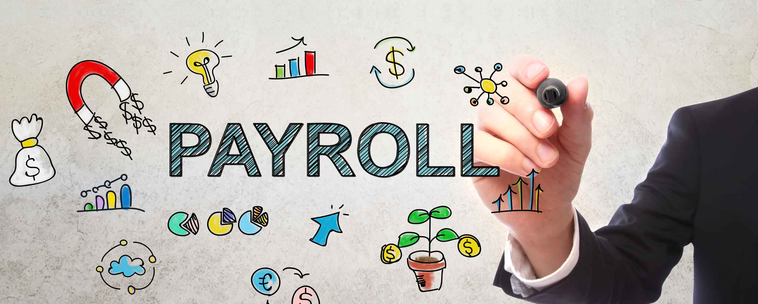 Mobile image of a person drawing on a board with the word payroll and other colorful financial icons