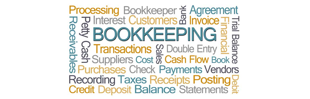 Bookkeeping word bubble in blue and yellow on the Adcon Monthly Bookkeeping blog